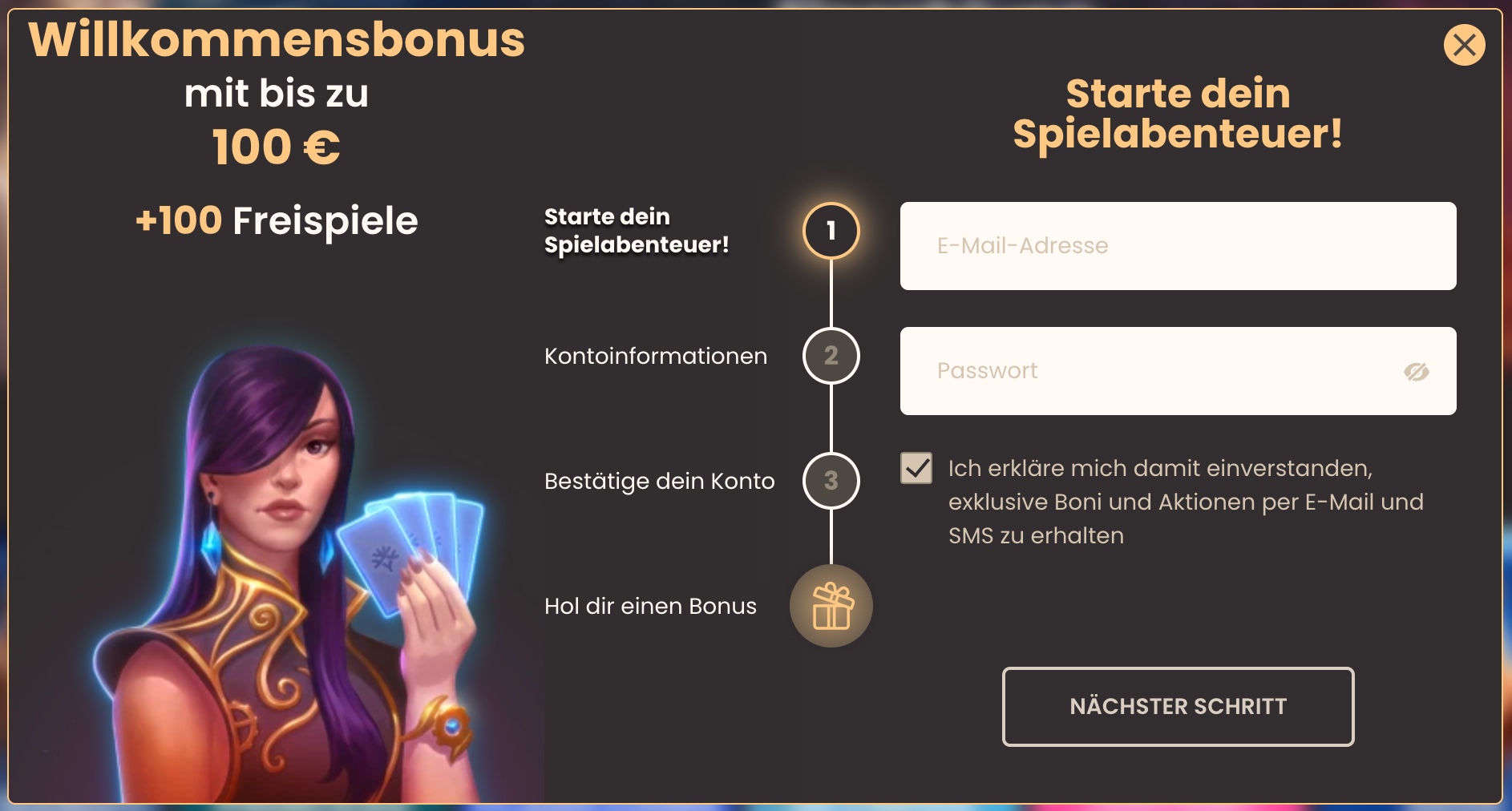 Registrierungsfenster mit Willkommensbonus und Schritten zur Kontoerstellung